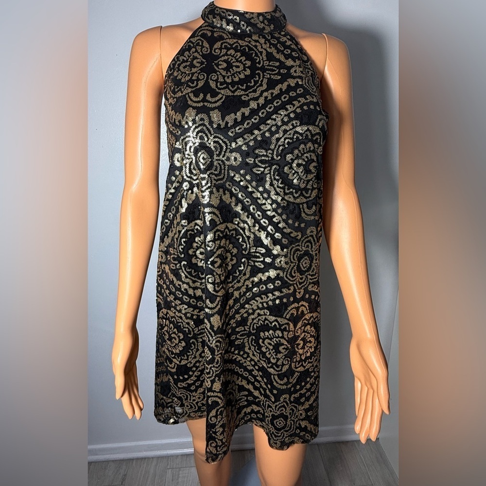 Elegant Black and Gold Patterned Halter Dress